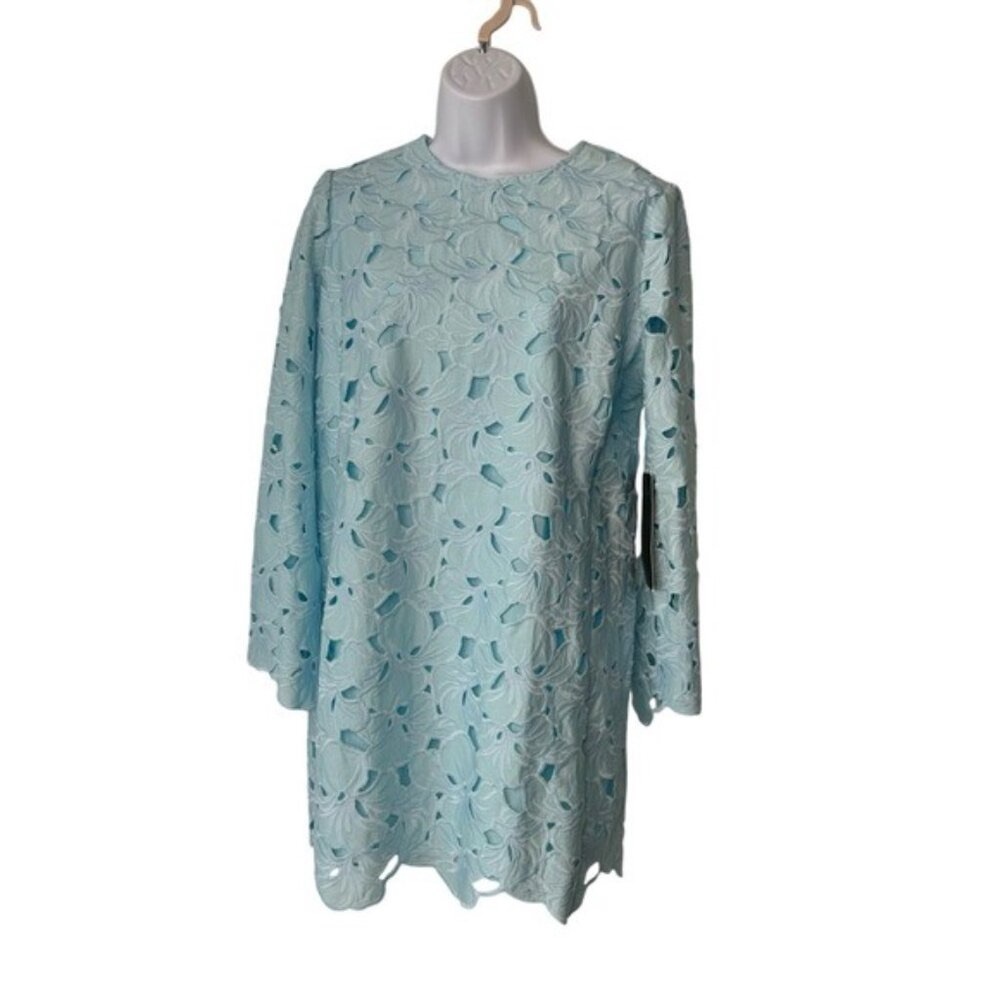 Tuckernuck NEW Aqua Floral Lace Camilla Long Flared Sleeve Mini Dress Size L - Picture 6 of 12